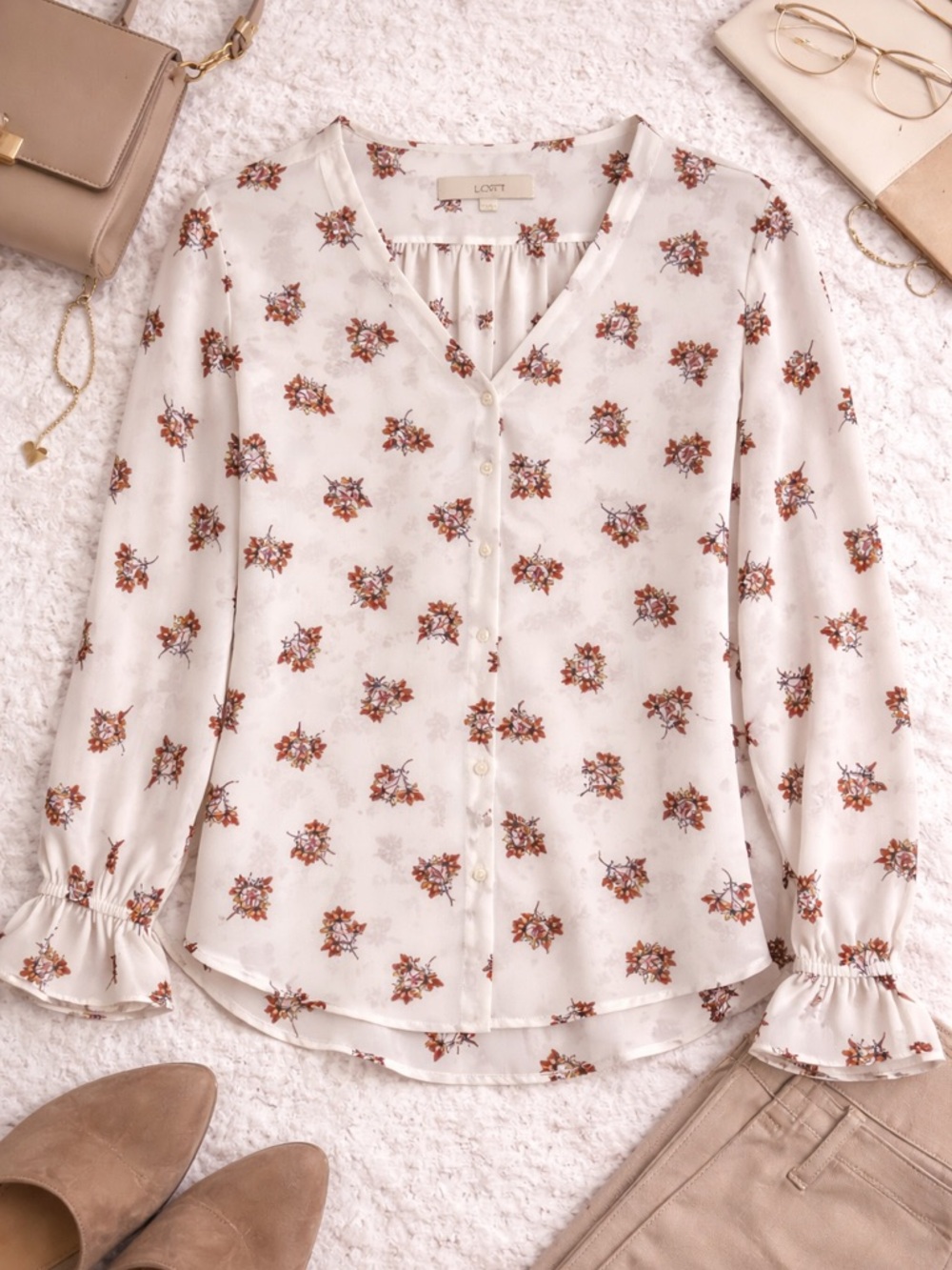 LOFT Floral Blouse Small Boho Ruffle Sleeve Fall Top Cream